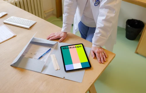 Doctor standing next to the iPad mockup