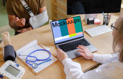 Doctor typing on laptop while talking with the patient