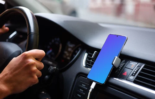 Driving a car with Samsung S20 mockup mounted in car cradle