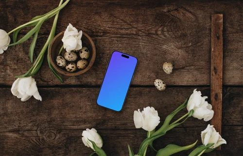 Easter smartphone mockup with white tulips