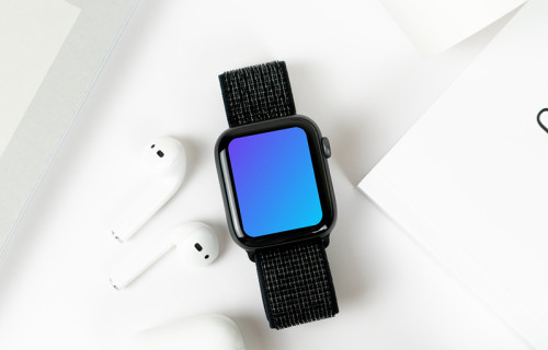 Apple Watch mockup beside airpods