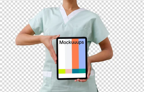 Female doctor holding an iPad mockup in her hands