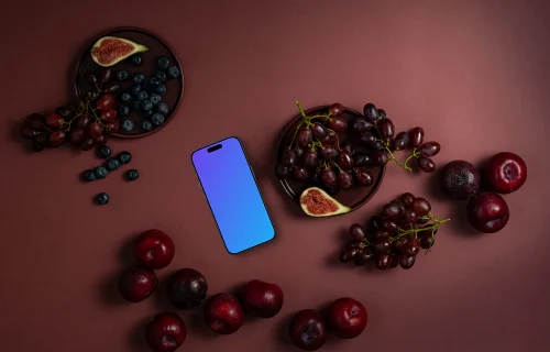 Fruits and phone mockup with Magenta background