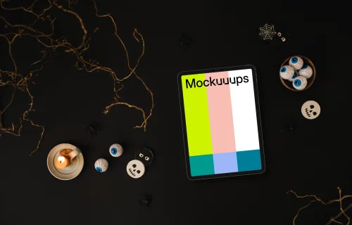 Halloween template with a tablet mockup on the dark background