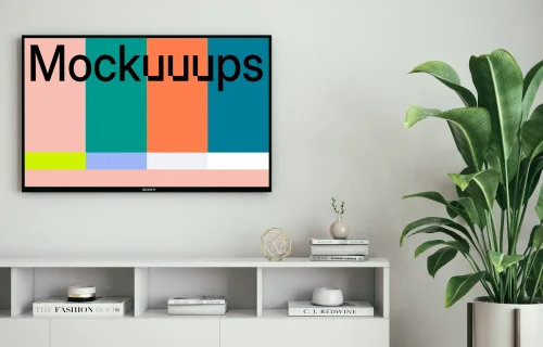 HD television mockup on a white wall