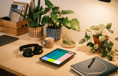 iPad Air mockup beside a black notepad