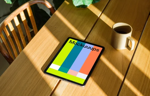 iPad Air mockup on a wooden table beside a coffee mug