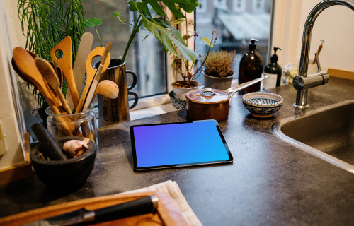 iPad Air mockup on an iPad stand in a kitchen
