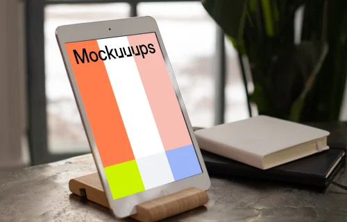 iPad Mini mockup on an wooden stand