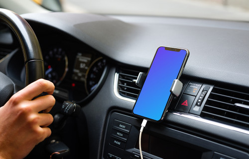 iPhone 11 mockup mounted on car dashboard with driver