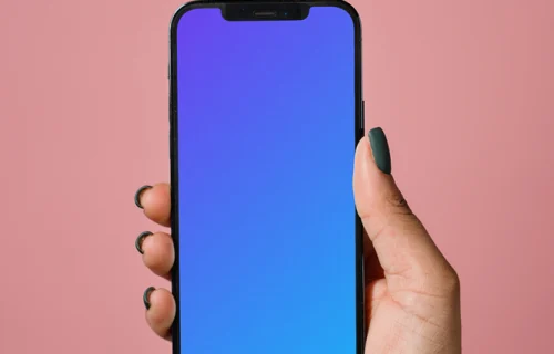 iPhone mockup held up by user in a pink background