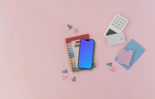 iPhone mockup next to the payment terminal with credit card