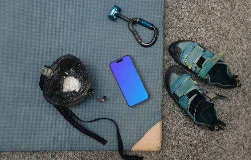 iPhone mockup with climbing equipment