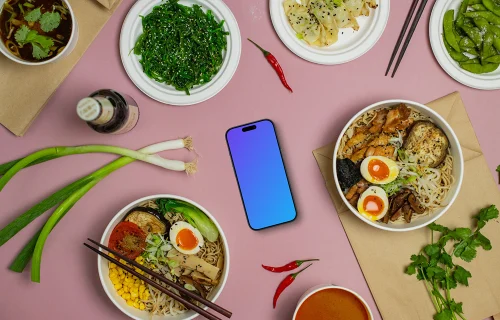 Japanese food around a smartphone mockup