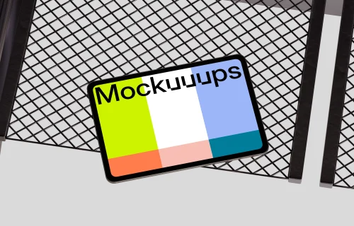 Landscape iPad Pro mockup on geometric metal surface