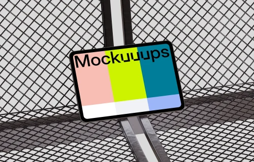 Landscape iPad Pro mockup with metal grid background