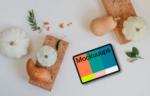 Landscape tablet mockup on the white table