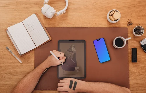 Male hands and smartphone mockup on the work desk