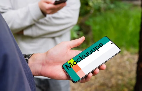 Man holding Samsung Galaxy S20 mockup with a friend