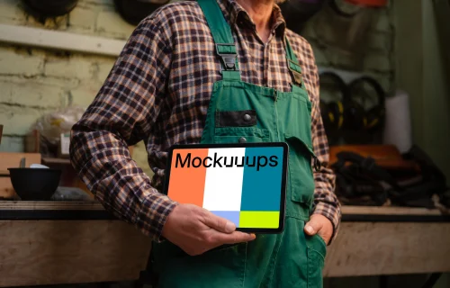 Mechanic holding an iPad Air mockup