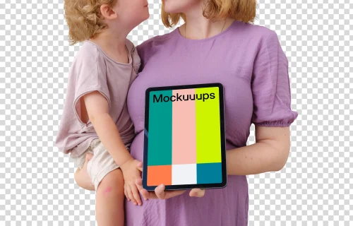 Parent with child and iPad mockup