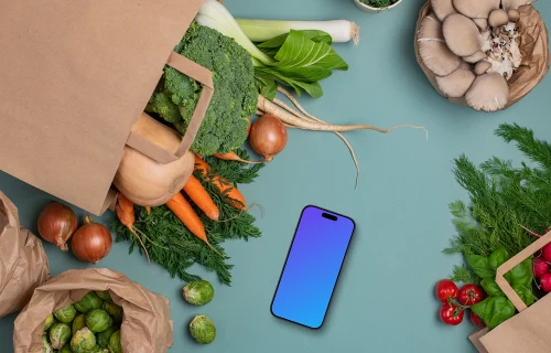 Phone mockup with vegetables