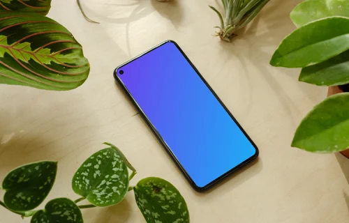 Pixel 5 mockup beside multiple flower pots