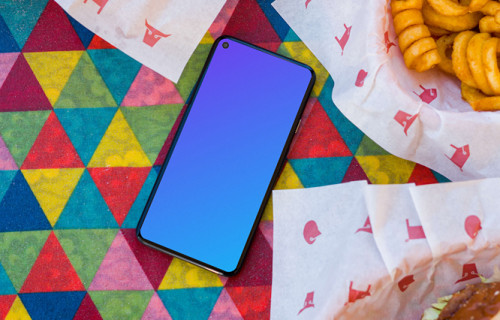 Pixel 5 mockup on a lunch table