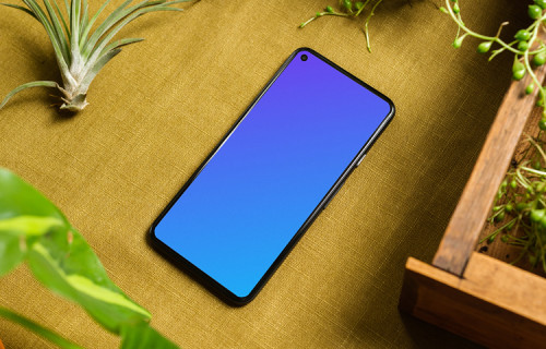 Pixel 5 mockup on a table beside a flower pot