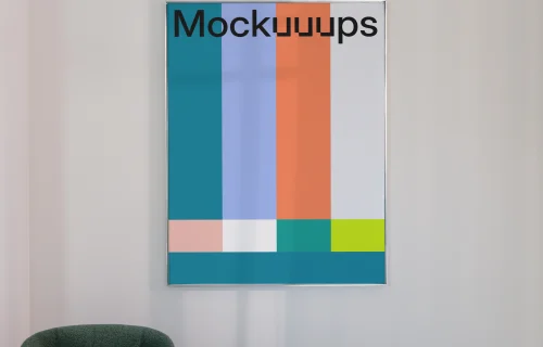 Poster mockup on a minimal white wall with furniture