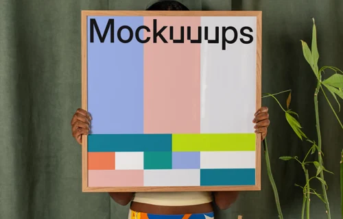 Poster mockup with person holding wooden frame in colorful setting