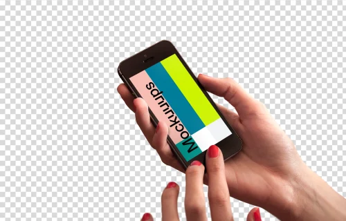 Red nails touching home button on iPhone SE mockup