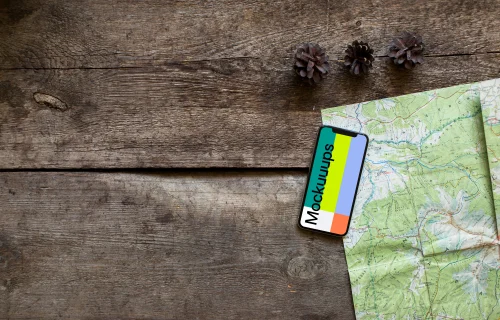 Rotated iPhone XS mockup with Yosemite map