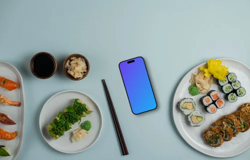 Several sushi rolls with Smartphone mockup