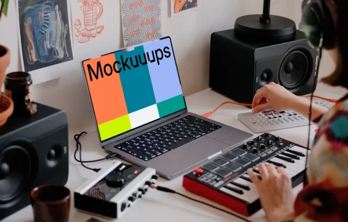 Small podcast studio with MacBook Pro mockup