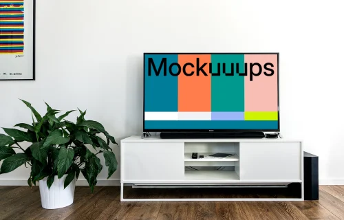  Smart television mockup beside a flower pot