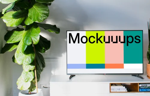 Smart television mockup on a white TV stand