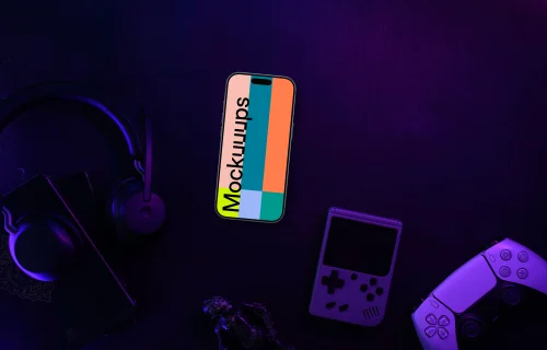 Smartphone mockup amid gaming gear