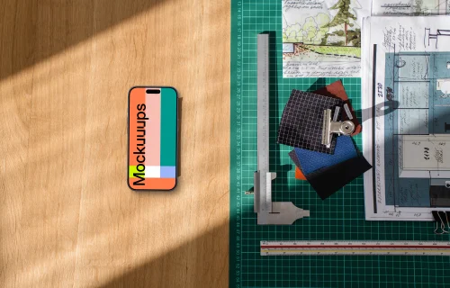 Smartphone mockup on architect's desk
