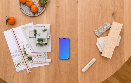 Smartphone mockup with architect blueprints