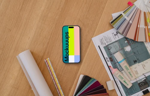mockup para smartphone con planos arquitectónicos y muestras de color