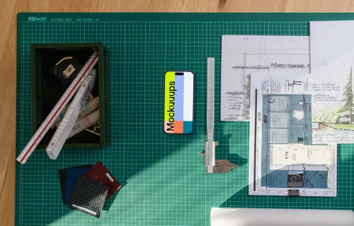 Smartphone mockup with architectural plans and tools