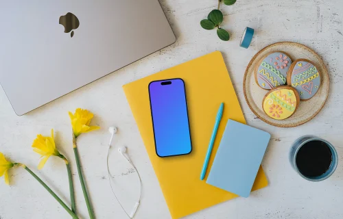 Smartphone mockup with Easter gingerbreads and coffee
