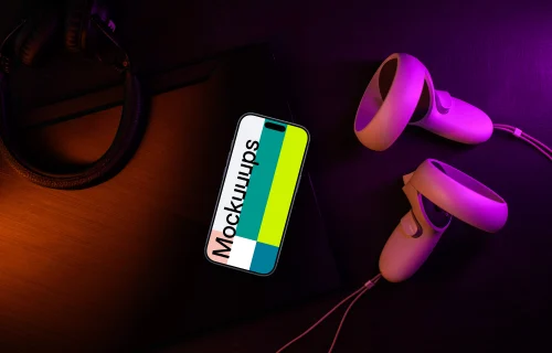 Smartphone mockup with gaming headset and controller