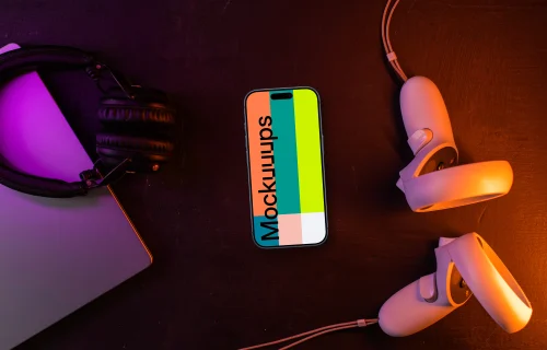Smartphone mockup with headphones and VR headset