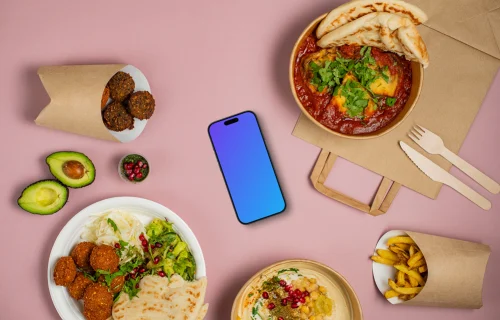 Smartphone mockup with middle eastern food