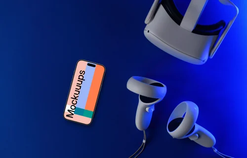 Smartphone mockup with VR headset on blue background