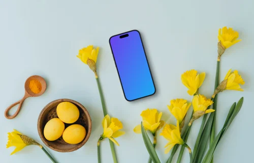 Smartphone mockup with yellow Easter eggs