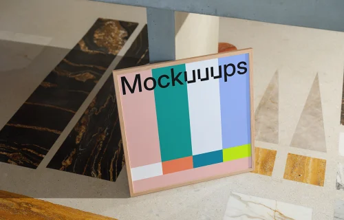 Square mockup of a wooden frame device on a geometric surface