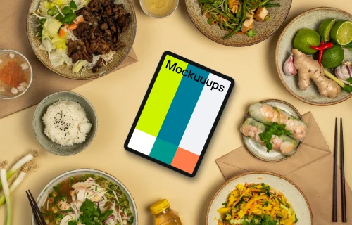 Tablet mockup in vietnamese cuisine theme